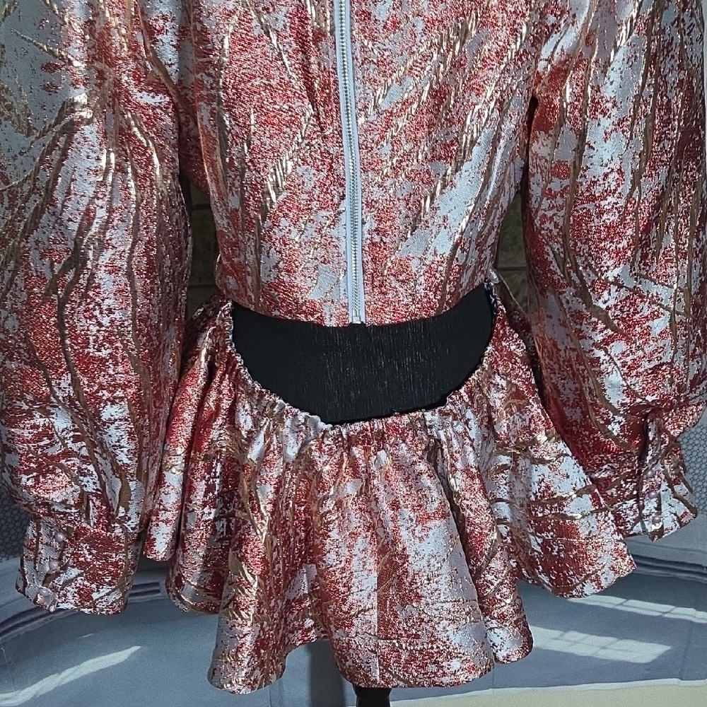 AKIRA Vibrant Red, Gold, and Sky Blue Brocade Patterned Top - Picture 5 of 7